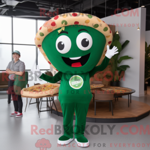 Mascot character of a Forest Green Pizza Slice dressed with a Jumpsuit and Keychains