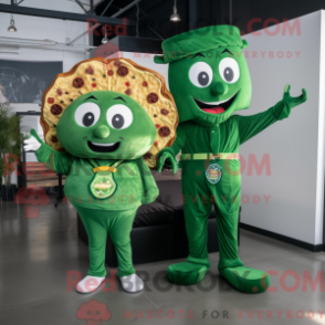 Mascot character of a Forest Green Pizza Slice dressed with a Jumpsuit and Keychains