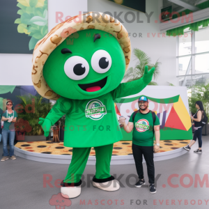 Mascot character of a Forest Green Pizza Slice dressed with a Jumpsuit and Keychains