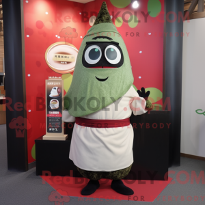Mascot character of a Olive Sushi dressed with a Shorts and Shawls