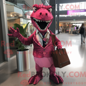 Mascot character of a Magenta Allosaurus dressed with a Dress Shirt and Handbags