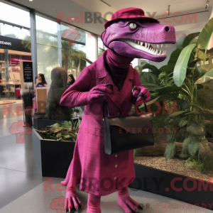 Mascot character of a Magenta Allosaurus dressed with a Dress Shirt and Handbags