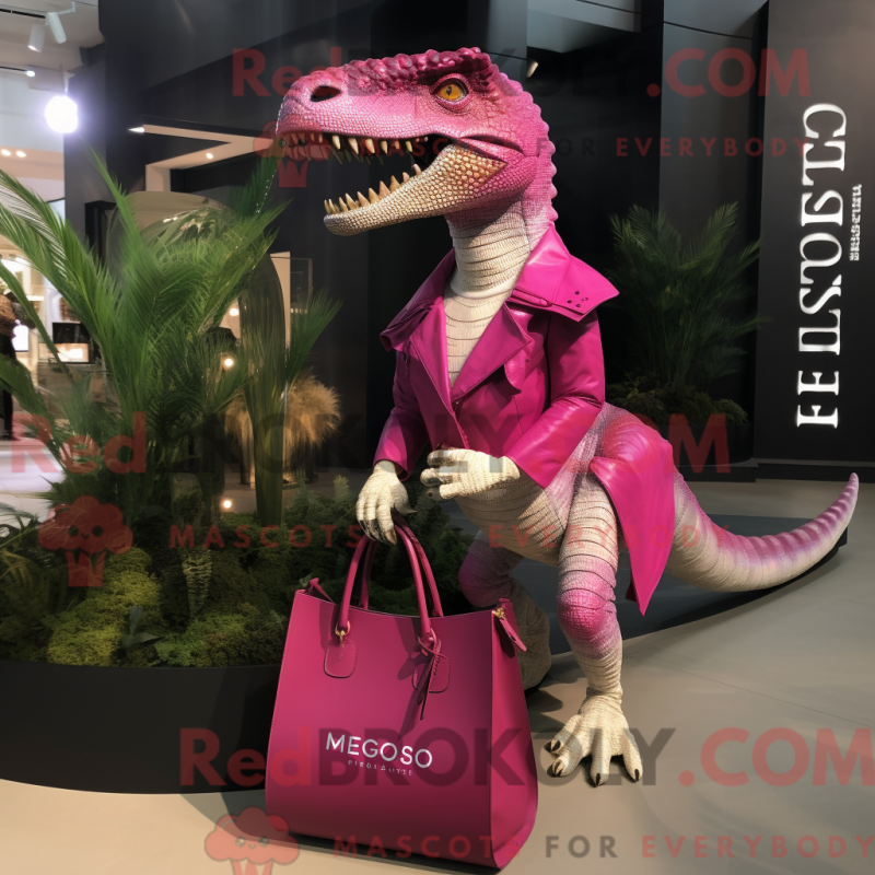 Mascot character of a Magenta Allosaurus dressed with a Dress Shirt and Handbags