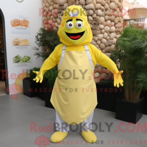 Mascot character of a Lemon Yellow Falafel dressed with a Overalls and Suspenders