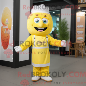 Mascot character of a Lemon Yellow Falafel dressed with a Overalls and Suspenders