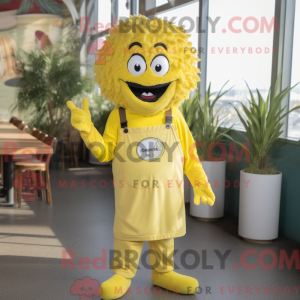 Mascot character of a Lemon Yellow Falafel dressed with a Overalls and Suspenders