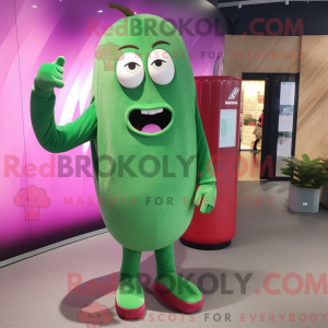 Mascot character of a Magenta Green Bean dressed with a Long Sleeve Tee and Messenger bags