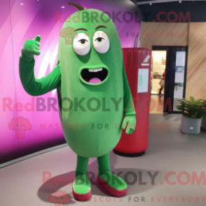 Mascot character of a Magenta Green Bean dressed with a Long Sleeve Tee and Messenger bags