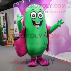 Mascot character of a Magenta Green Bean dressed with a Long Sleeve Tee and Messenger bags