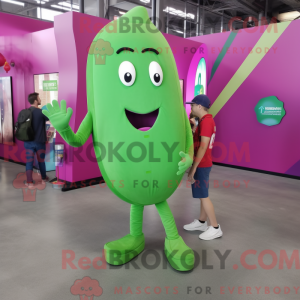 Mascot character of a Magenta Green Bean dressed with a Long Sleeve Tee and Messenger bags