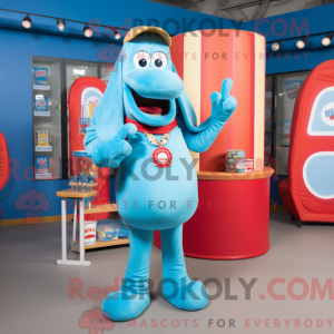 Mascot character of a Cyan Hot Dogs dressed with a Chambray Shirt and Rings