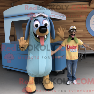 Mascot character of a Cyan Hot Dogs dressed with a Chambray Shirt and Rings