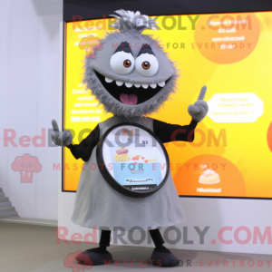 Mascot character of a Gray Paella dressed with a A-Line Skirt and Digital watches