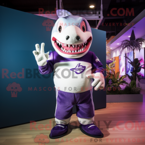 Mascot character of a Purple Shark dressed with a Rugby Shirt and Hairpins