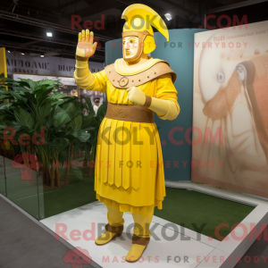 Mascot character of a Yellow Roman Soldier dressed with a Maxi Skirt and Gloves