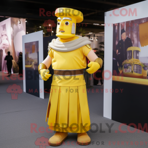 Mascot character of a Yellow Roman Soldier dressed with a Maxi Skirt and Gloves