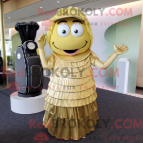 Mascot character of a Gold Golf Bag dressed with a Pleated Skirt and Rings