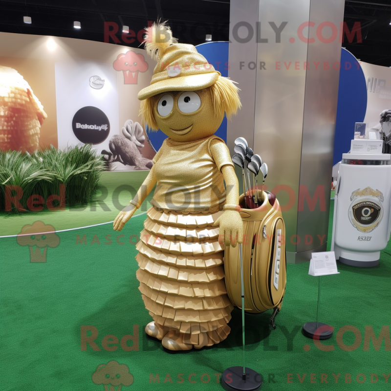 Mascot character of a Gold Golf Bag dressed with a Pleated Skirt and Rings