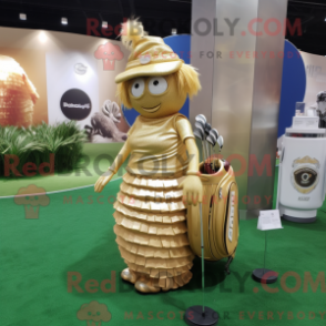 Mascot character of a Gold Golf Bag dressed with a Pleated Skirt and Rings