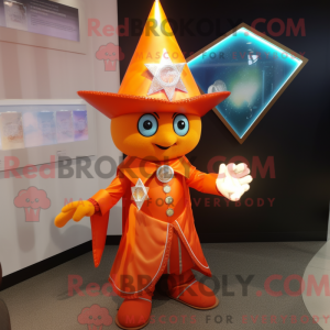 Mascot character of a Orange Magician dressed with a Chinos and Keychains