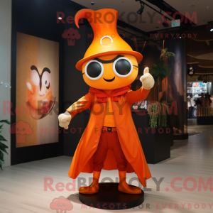 Mascot character of a Orange Magician dressed with a Chinos and Keychains