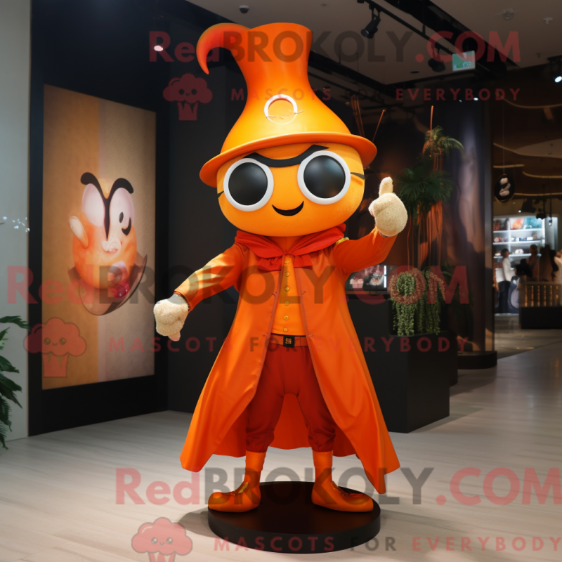 Mascot character of a Orange Magician dressed with a Chinos and Keychains