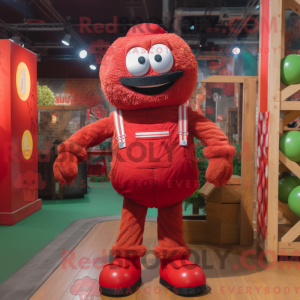 Mascot character of a Red Meatballs dressed with a Dungarees and Cummerbunds
