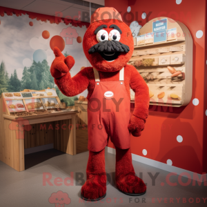 Mascot character of a Red Meatballs dressed with a Dungarees and Cummerbunds