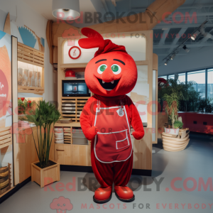 Mascot character of a Red Meatballs dressed with a Dungarees and Cummerbunds