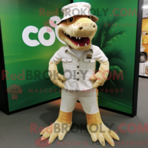 Mascot character of a Cream Crocodile dressed with a Bootcut Jeans and Lapel pins