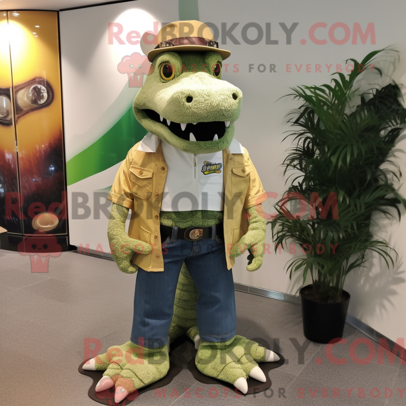 Mascot character of a Cream Crocodile dressed with a Bootcut Jeans and Lapel pins