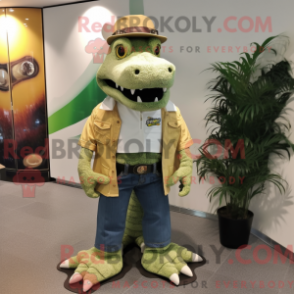 Mascot character of a Cream Crocodile dressed with a Bootcut Jeans and Lapel pins