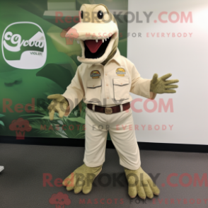 Mascot character of a Cream Crocodile dressed with a Bootcut Jeans and Lapel pins