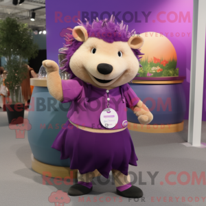 Mascot character of a Purple Hedgehog dressed with a Skirt and Belts