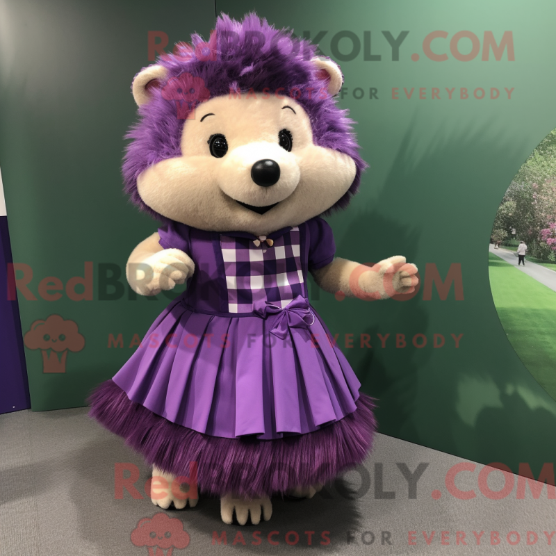 Mascot character of a Purple Hedgehog dressed with a Skirt and Belts