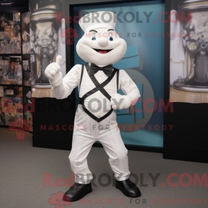 Mascot character of a White Contortionist dressed with a Waistcoat and Belts