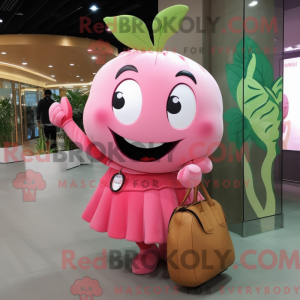 Mascot character of a Pink Apple dressed with a Wrap Skirt and Messenger bags
