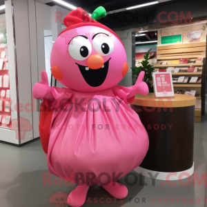 Mascot character of a Pink Apple dressed with a Wrap Skirt and Messenger bags