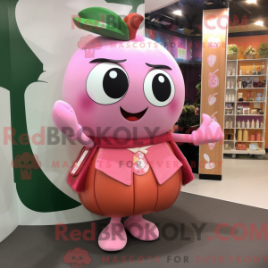 Mascot character of a Pink Apple dressed with a Wrap Skirt and Messenger bags