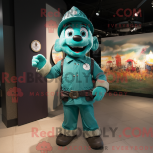 Mascot character of a Teal Fire Fighter dressed with a A-Line Dress and Suspenders