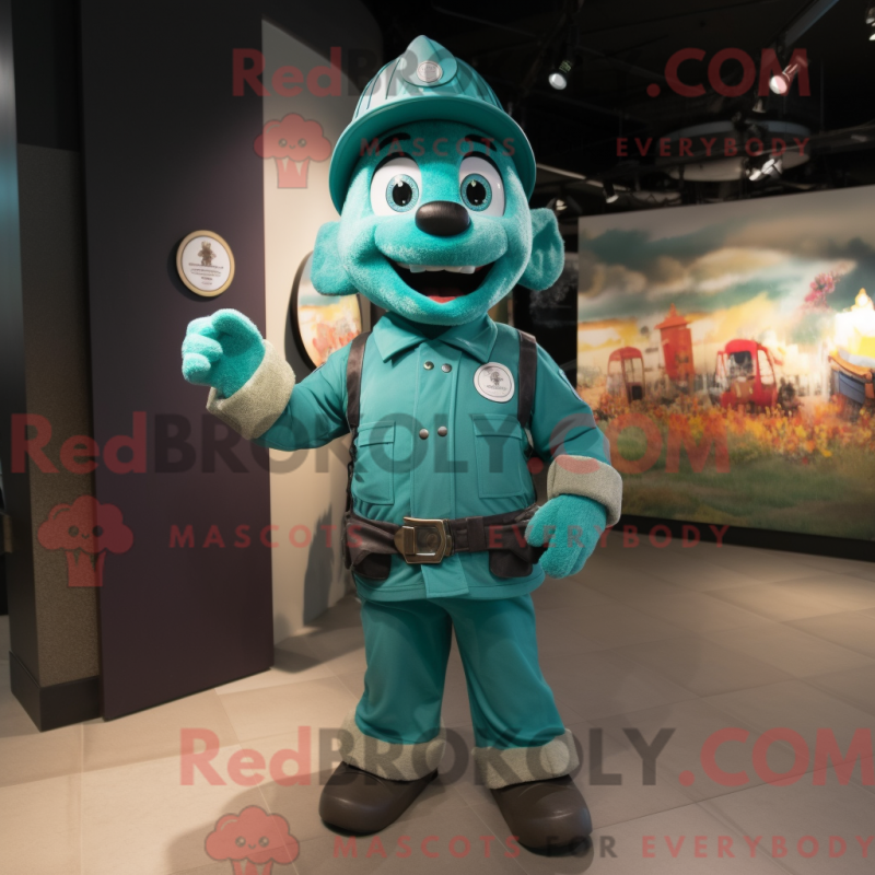 Mascot character of a Teal Fire Fighter dressed with a A-Line Dress and Suspenders