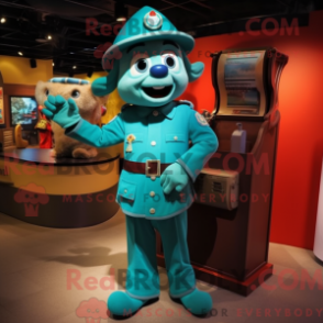 Mascot character of a Teal Fire Fighter dressed with a A-Line Dress and Suspenders