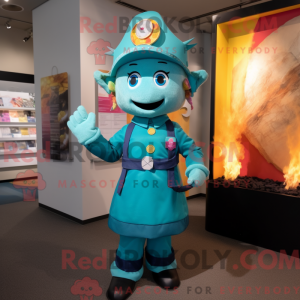 Mascot character of a Teal Fire Fighter dressed with a A-Line Dress and Suspenders