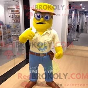 Mascot character of a Lemon Yellow Civil War Soldier dressed with a Boyfriend Jeans and Sunglasses
