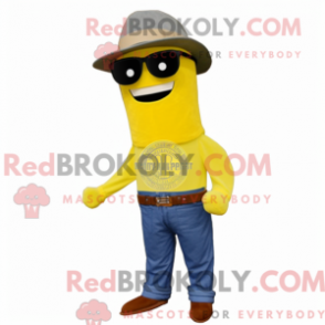 Mascot character of a Lemon Yellow Civil War Soldier dressed with a Boyfriend Jeans and Sunglasses