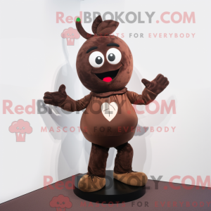 Mascot character of a Brown Plum dressed with a Playsuit and Suspenders