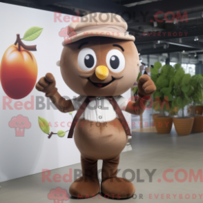 Mascot character of a Brown Plum dressed with a Playsuit and Suspenders