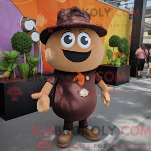 Mascot character of a Brown Plum dressed with a Playsuit and Suspenders