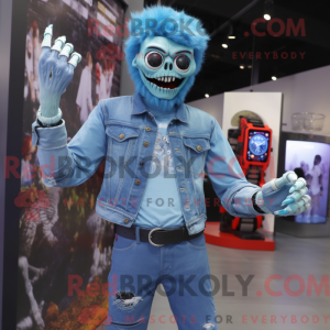 Mascot character of a Sky Blue Undead dressed with a Chambray Shirt and Digital watches