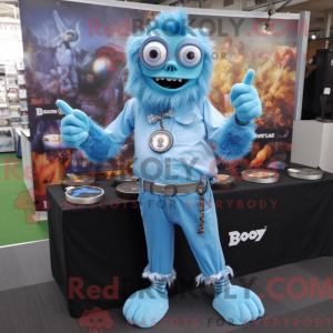 Mascot character of a Sky Blue Undead dressed with a Chambray Shirt and Digital watches
